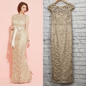 Adrianna Papell Illusions gold cap sleeve lace dress